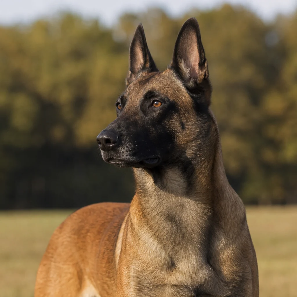 Pastor belga malinois de pie, tranquilo y alerta en un campo de adiestramiento de perros de trabajo al aire libre
