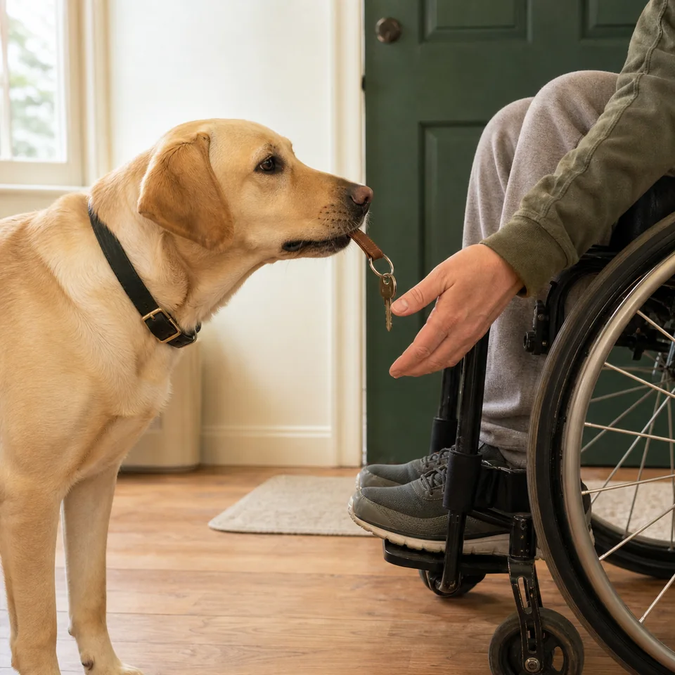 Labrador retriever devolviendo unas llaves a una persona usuaria de silla de ruedas