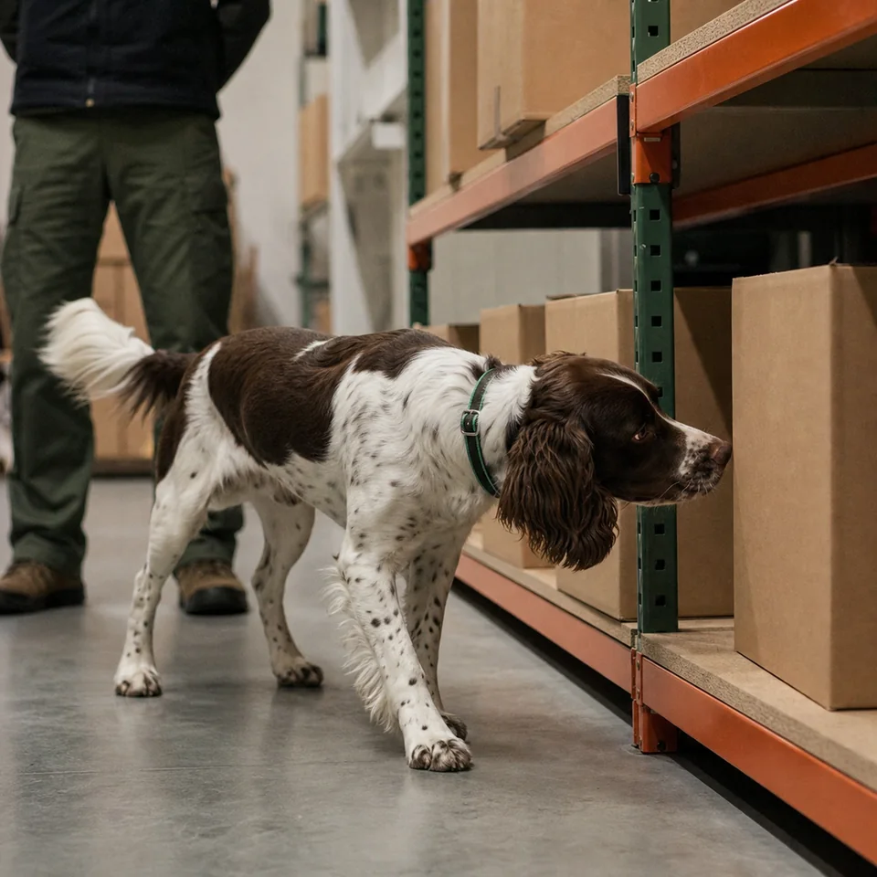 Springer spaniel inglés inspeccionando paquetes durante una búsqueda de detección olfativa