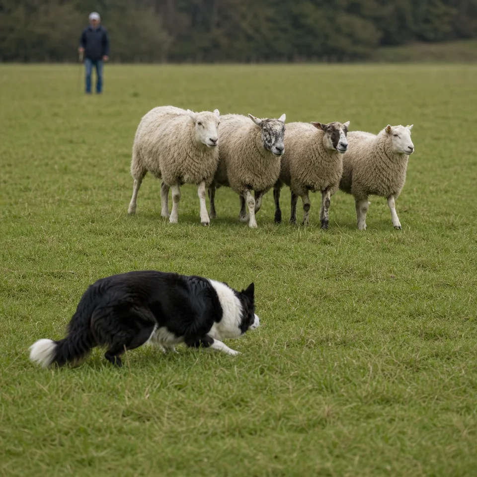 Border collie reuniendo con calma un pequeño rebaño de ovejas por un pastizal