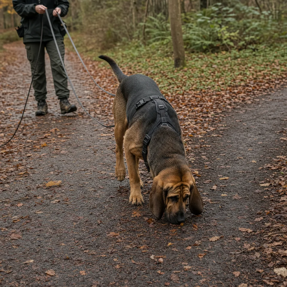 Perro de San Huberto siguiendo el rastro de olor individual de una persona con una línea larga por un bosque