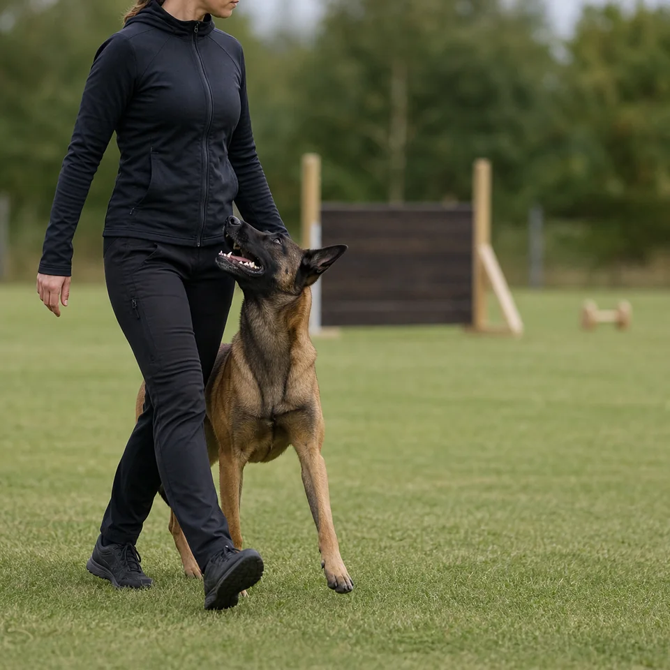 Pastor belga malinois ejecutando con atención el ejercicio de «junto» al lado de su guía en un campo deportivo