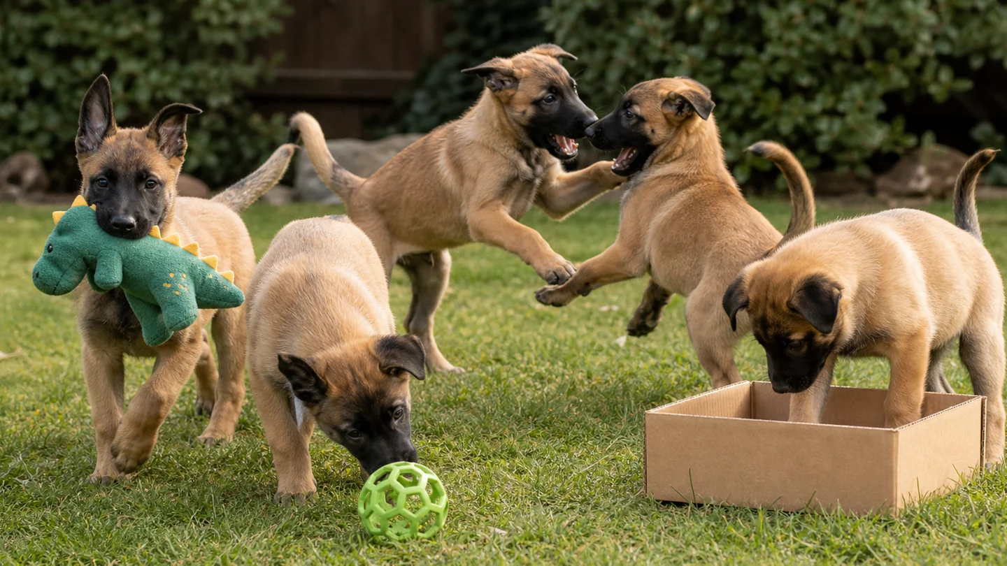 Cinco cachorros de pastor belga malinois jugando con un dinosaurio de peluche, una pelota y una caja de cartón