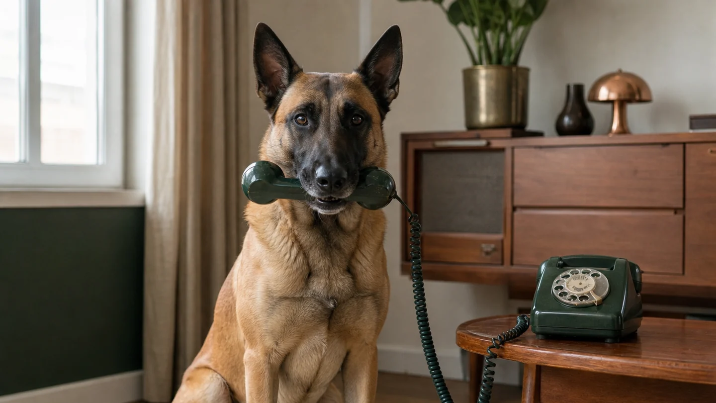 Pastor belga malinois sosteniendo el auricular de un antiguo teléfono de disco de color verde