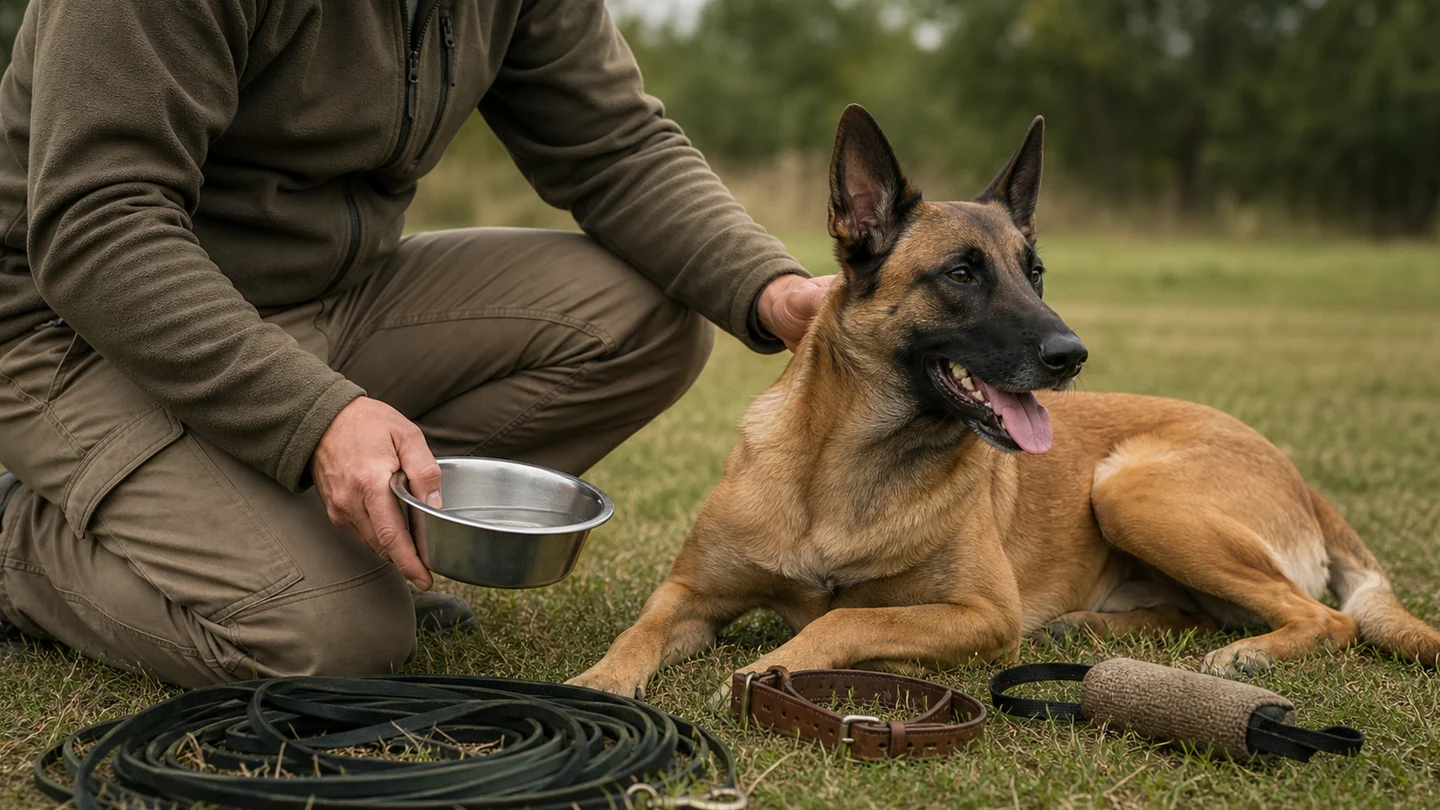 Pastor belga malinois descansando junto a su guía, un cuenco de agua, una línea larga, un collar y un mordedor de recompensa después del adiestramiento